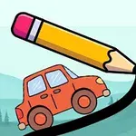 연필이 선을 그으며 언덕을 오르는 빨간 자동차의 만화 이미지