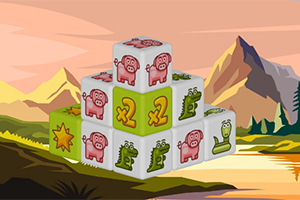 산악 배경 앞에 여러 개의 주사위가 쌓여 있으며, 주사위에는 돼지, 악어 그림과 x2 등의 기호가 그려져 있다