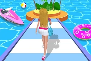 물 위를 걷고 있는 금발의 여성과 핑크색 보트, 해변공, 풀장 튜브 및 작은 섬이 있는 풍경