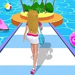 물 위를 걷고 있는 금발의 여성과 핑크색 보트, 해변공, 풀장 튜브 및 작은 섬이 있는 풍경