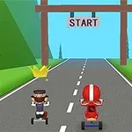 세 명의 캐릭터가 삼륜차를 타고 도로 위에서 출발선에 서 있는 모습