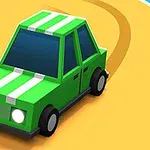 초록색과 흰색 줄무늬가 있는 장난감 같은 자동차가 노란색 도로를 달리고 있다