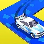 곡선 도로에서 드리프트 중인 흰색과 파란색 자동차