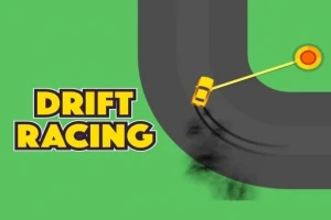 녹색 배경에 있는 도로에서 드리프트 중인 노란색 자동차와 DRIFT RACING이라는 텍스트