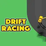 녹색 배경에 있는 도로에서 드리프트 중인 노란색 자동차와 DRIFT RACING이라는 텍스트