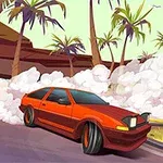 빨간 스포츠카가 도로 위에서 드리프트하며 연기를 내뿜고 있고, 배경에는 야자수가 보인다