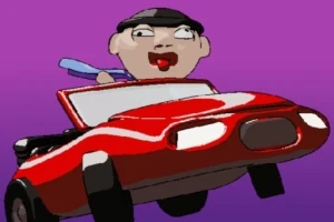 빨간 자동차를 타고 있는 중절모를 쓴 사람의 만화 스타일 이미지