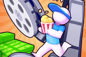 큰 영화 필름 릴 옆에서 팝콘과 돈다발이 있는 파란 옷을 입은 사람