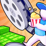 큰 영화 필름 릴 옆에서 팝콘과 돈다발이 있는 파란 옷을 입은 사람