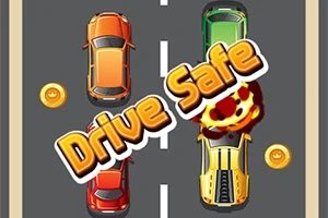 도로 위 여러 대의 자동차와 Drive Safe라는 문구가 있으며, 하나의 차는 폭발 장면이 포함되어 있습니다