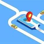 스마트폰 위에 지도 앱의 위치 아이콘이 있으며, 주위에 도로와 택시가 보인다