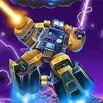 우주 배경에서 황금빛과 파란색이 강조된 로봇이 레이저를 발사하고 있는 장면