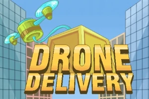하늘색 배경에 도심 고층 건물들 사이로 드론이 상자를 운반하는 모습과 DRONE DELIVERY라는 글자가 노란색으로 크게 써져 있다