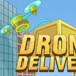 하늘색 배경에 도심 고층 건물들 사이로 드론이 상자를 운반하는 모습과 DRONE DELIVERY라는 글자가 노란색으로 크게 써져 있다