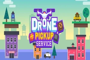 드론과 픽업 서비스라는 글자와 함께 상자와 도로 위의 차량이 있는 도시 배경