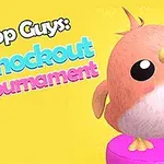 노란 배경에 서 있는 분홍색 새와 컬러풀한 텍스트