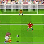 축구 경기에서 흰 유니폼을 입은 선수가 공격하고 두 명의 빨간 유니폼을 입은 수비수와 골키퍼가 수비하는 장면