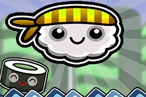 노란색 머리띠를 두른 웃는 초밥 캐릭터와 작은 김밥 캐릭터가 함께 있는 이미지