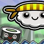 노란색 머리띠를 두른 웃는 초밥 캐릭터와 작은 김밥 캐릭터가 함께 있는 이미지