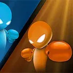 파란색과 주황색 글로브를 낀 두 캐릭터가 서로 마주 보고 있는 장면