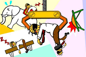 사람이 클램프에 의해 거꾸로 매달려 있고, 옆에는 코끼리와 함께 구부러진 테이블이 있는 만화 스타일의 이미지