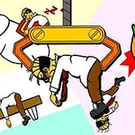 사람이 클램프에 의해 거꾸로 매달려 있고, 옆에는 코끼리와 함께 구부러진 테이블이 있는 만화 스타일의 이미지