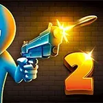 파란색 캐릭터가 총을 쏘고 있으며 오른쪽에 숫자 2가 빛나고 있습니다