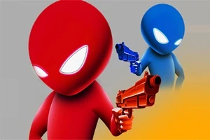 빨간색과 파란색의 캐릭터가 각각 총을 들고 있는 모습