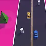 분홍색 배경 위 검은 도로에 노란색과 파란색 차가 다른 물체들과 함께 배치되어 있는 장면