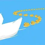 하얀 오리가 앞장서고 그 뒤로 줄지어 따라오는 노란 오리 새끼들이 있는 장면