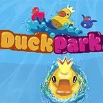 여러 색상의 고무 오리가 물속에서 헤엄치고 있는 모습과 함께 Duckpark