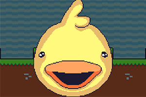 귀여운 노란 오리가 웃고 있는 픽셀 아트 이미지