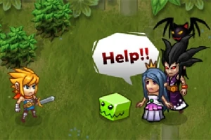 검을 든 금발의 캐릭터가 왼쪽에 있고, 중앙에는 도와달라는 말풍선을 내뱉는 초록색 캐릭터, 오른쪽에는 왕관을 쓴 소녀와 검은 옷을 입은 캐릭터가 있으며, 그 위로 검은 날개 달린 생물이 날고 있다
