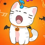 할로윈 테마로 배경에 거미줄과 박쥐가 있는 가운데, 호박 목걸이를 한 귀여운 고양이가 노래를 부르고 있는 모습