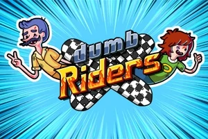 두 만화 캐릭터가 파란색 배경 앞에 있으며, 체크무늬 패턴 위에 dumb Riders 텍스트가 있는 이미지