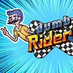 두 만화 캐릭터가 파란색 배경 앞에 있으며, 체크무늬 패턴 위에 dumb Riders 텍스트가 있는 이미지