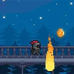 픽셀 아트 스타일로 밤하늘 아래 다리 위를 걷는 캐릭터와 불꽃, 그리고 떠 있는 보석