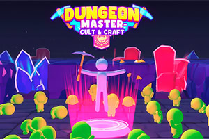 어두운 밤하늘 아래 네온 스타일의 DUNGEON MASTER: CULT & CRAFT 로고와 함께, 중앙의 회색 캐릭터가 도끼를 들고 분홍색 제단 위에 서 있으며 주변에 형형색색의 작은 인물들과 붉은 수정 기둥이 배치된 장면