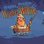 사냥꾼 차림의 남자가 총을 들고 몬스터와 함께 그려져 있는 만화 스타일의 이미지