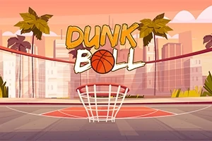 야자수와 도시 건물이 있는 농구 코트 배경에 DUNK BALL이라는 글자가 있는 이미지