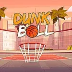 야자수와 도시 건물이 있는 농구 코트 배경에 DUNK BALL이라는 글자가 있는 이미지