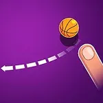 보라색 배경에 농구공을 던져 농구대를 향해 곡선을 그리며 가리키는 손가락