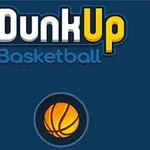 파란색 배경 위에 Dunk Up Basketball 텍스트와 농구공 그림이 있는 이미지