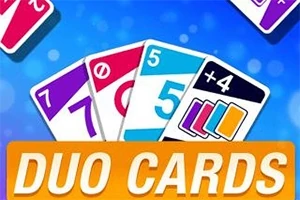 파란색 배경 위에 다양한 색과 숫자로 구성된 카드들이 펼쳐져 있고, 하단에 DUO CARDS라는 텍스트가 있는 이미지