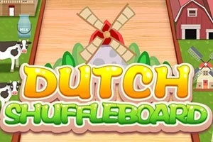 풍차와 농가 그림 위에 DUTCH SHUFFLEBOARD 텍스트가 있는 일러스트