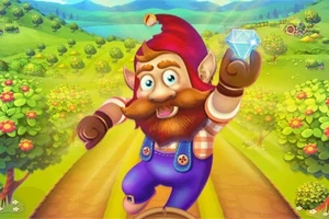 빨간 모자를 쓴 요정이 초록 들판을 배경으로 한 손에 다이아몬드를 들고 있다