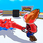 투명한 헬멧을 쓴 캐릭터가 파란색 캐릭터와 빨간색과 파란색 에너지를 발사하며 대치하는 장면