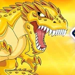 노란색 배경에 화난 표정의 황금 용과 숫자 10이 나란히 있음