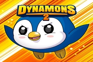파란 펭귄 캐릭터가 노란색 광선 배경 앞에 있으며, 상단에 DYNAMONS 2라는 글자가 있습니다