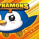 파란 펭귄 캐릭터가 노란색 광선 배경 앞에 있으며, 상단에 DYNAMONS 2라는 글자가 있습니다